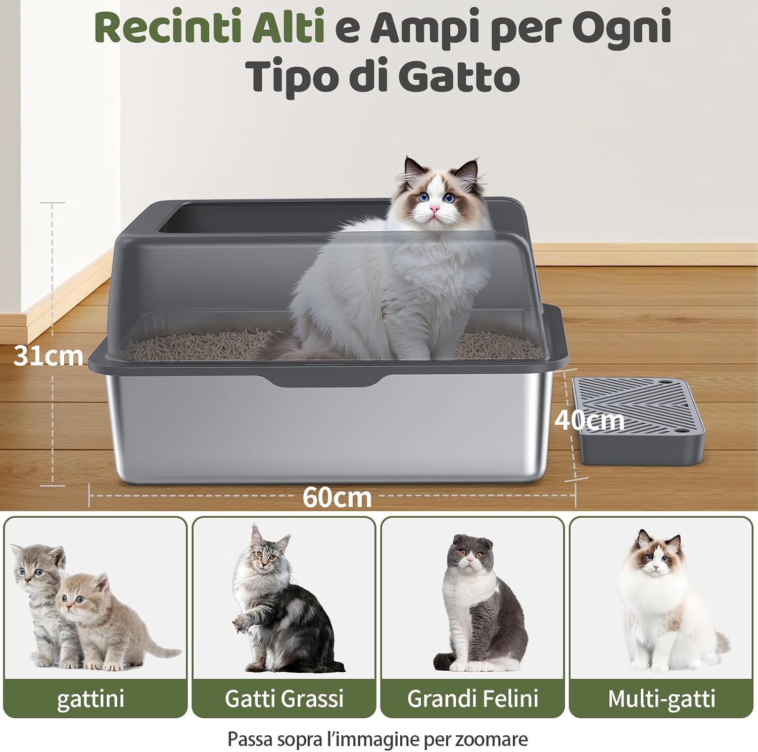 Detalle 2 de Gimars Lettiera acciaio inox 60x40 cm 🐾