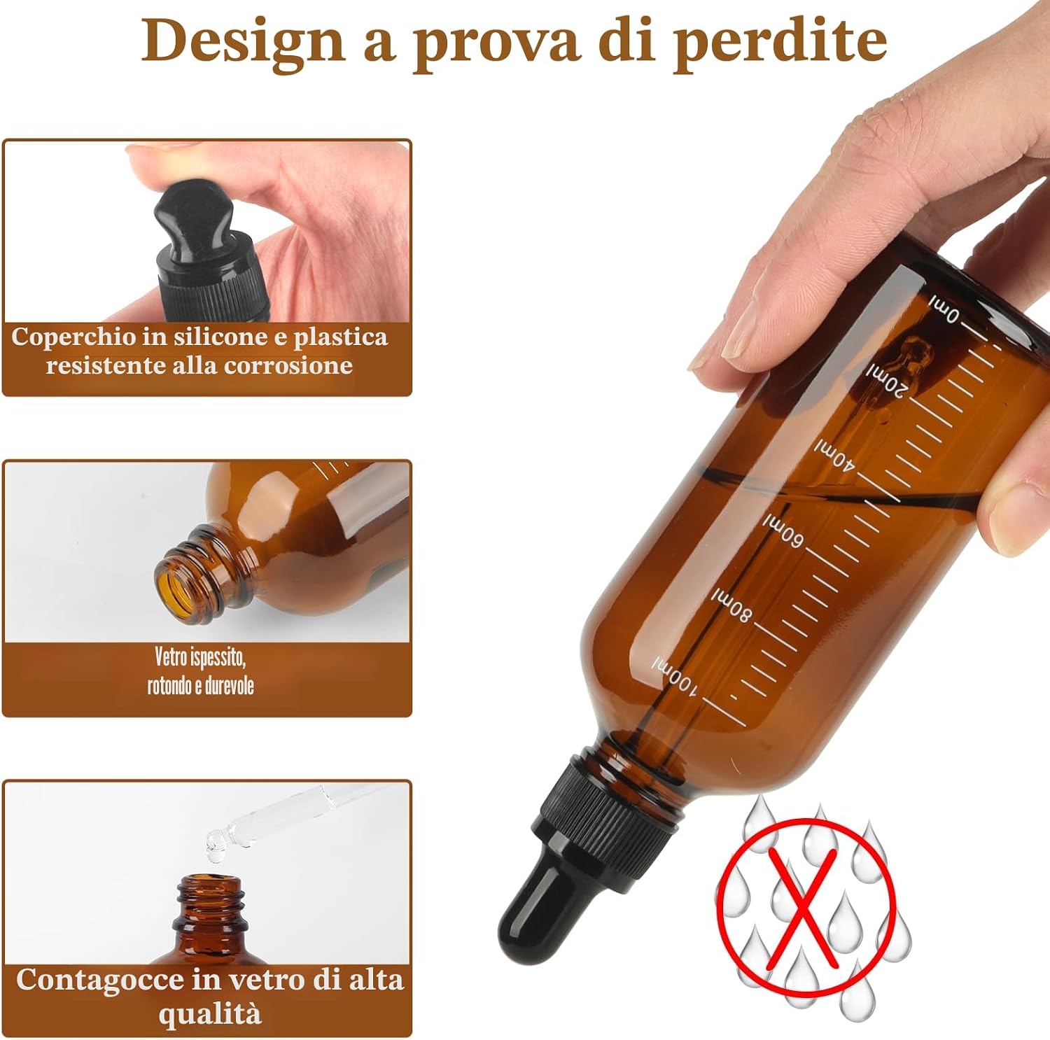 Detalle de GROFIS 6 Contagocce in Vetro Ambra da 100 ml con Imbuti, Pipette e Adesivo — Set Riutilizzabile per Oli Essenziali e Soluzioni