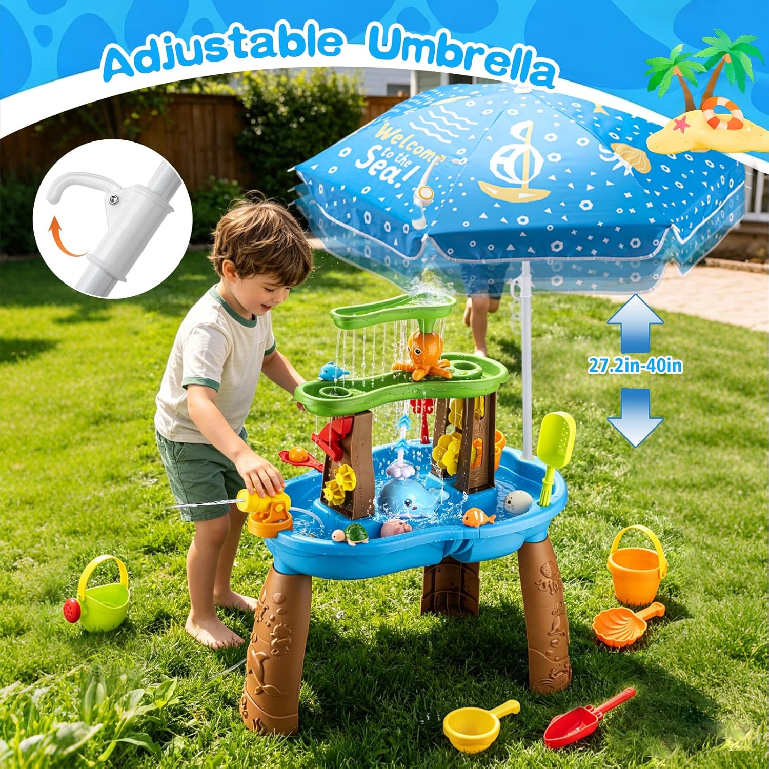 Detalle de Hogaruly 2026 Toddler Water Table with Umbrella & Fishing Game Set