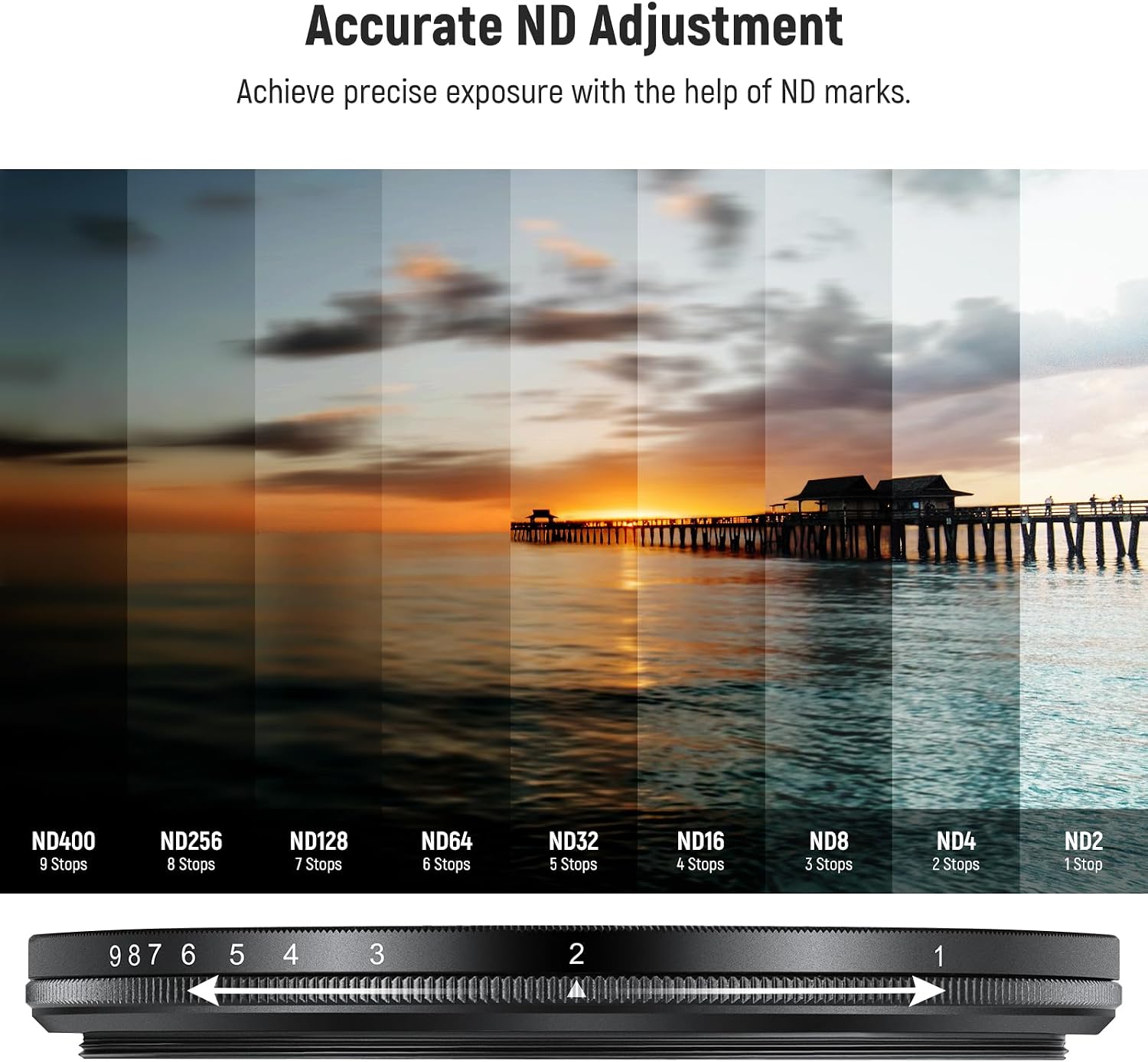 Detalle de NEEWER Filtro ND2–ND400 variabile 58mm a densità neutra (ND2-ND400) con vetro multistrato antigraffio