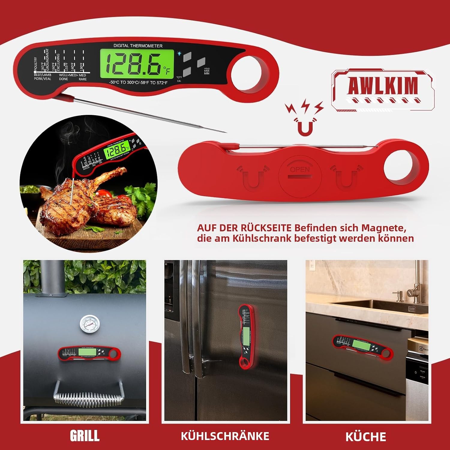 Detalle de AWLKIM digitale vleesthermometer met inklapbare sonde, LCD en magneet