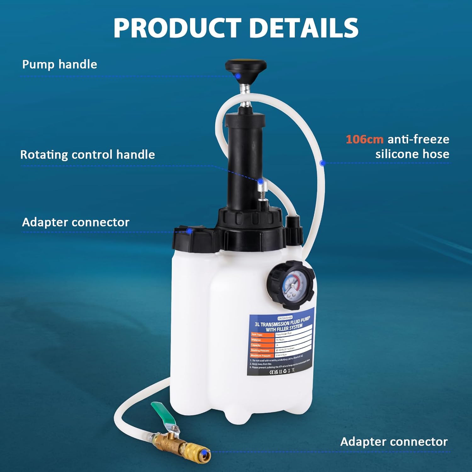 Detalle 2 de BAOSHISHAN 3L Gearbox Oil Filling Pump with 8 Adapters – Manual ATF Filler System