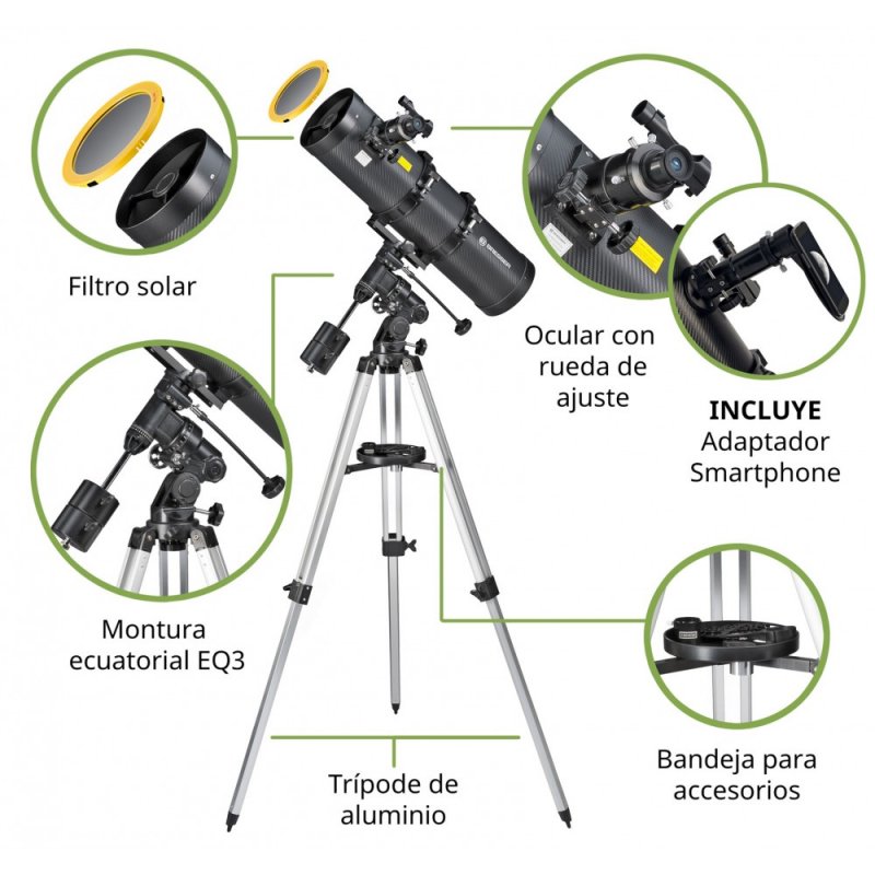 Detalle de Bresser Pollux Telescopio Reflector 150/750 EQ3 con filtro solar y adaptador para móvil