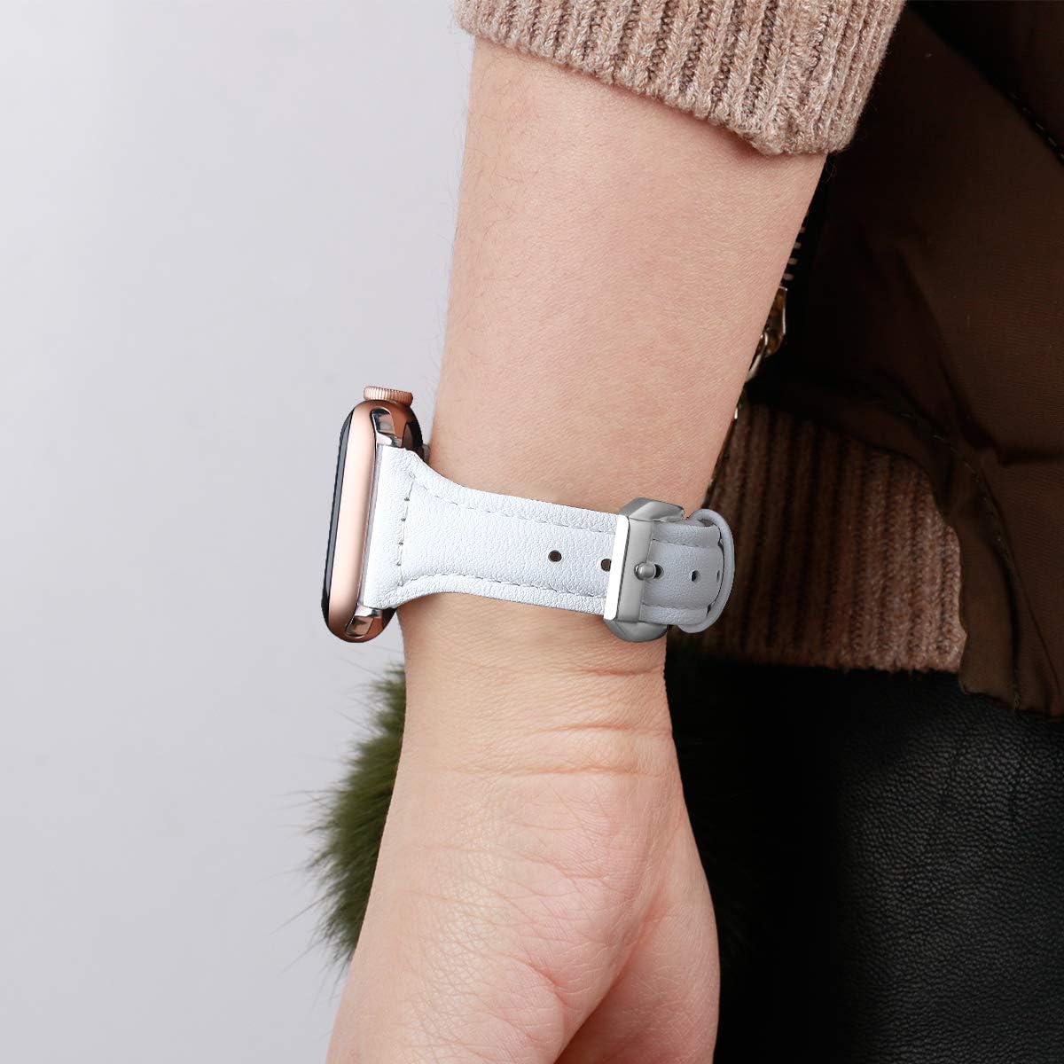 Thumbnail 6 de SEURE Lederarmband kompatibel mit Apple Watch 38/40/41 mm (Edelstahl-Schnalle, Weiß/Silber)