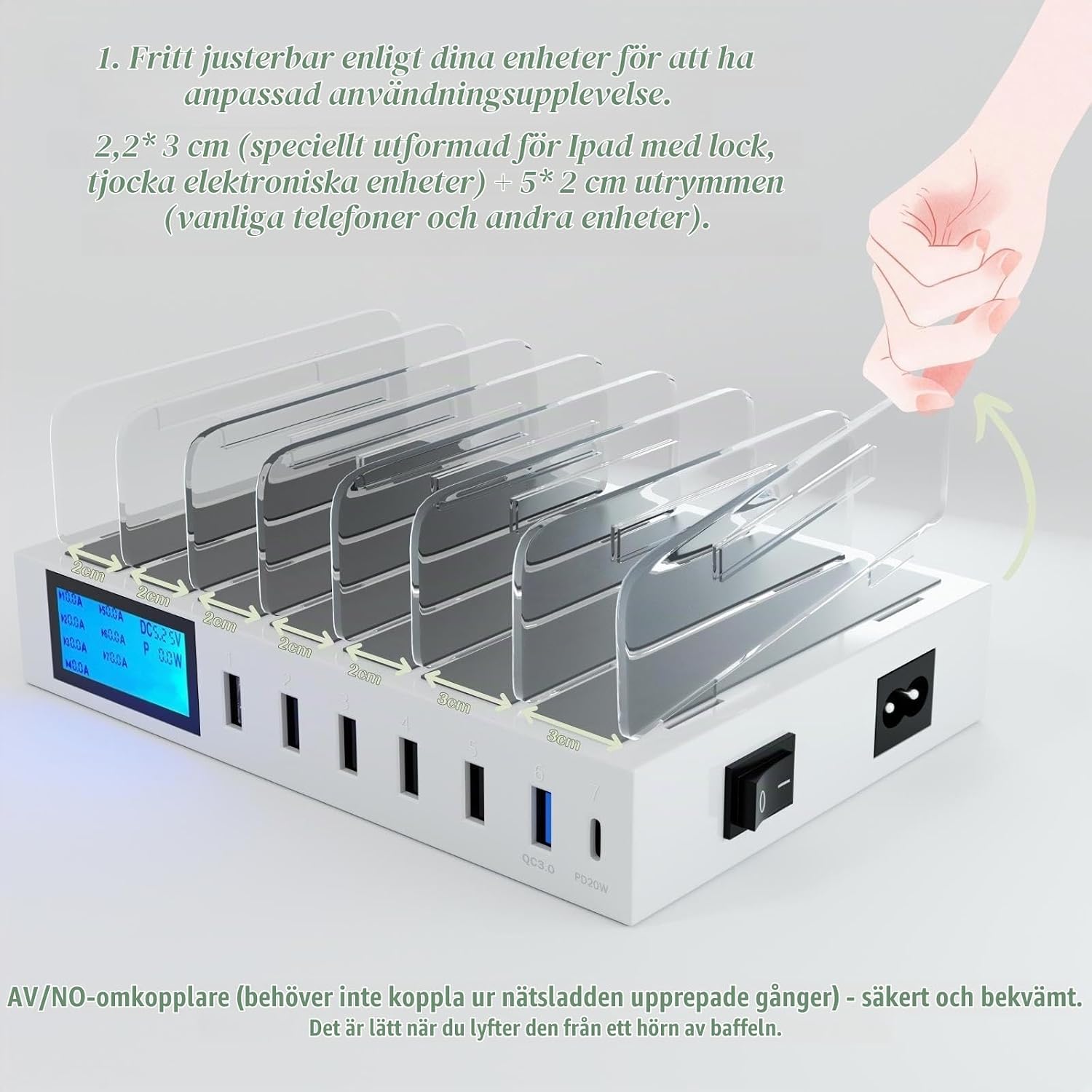 Thumbnail 6 de IOUGDSEC PD20W QC3.0 USB-laddningsstation med 7 portar och LCD-skärm