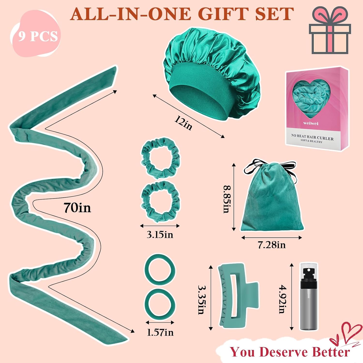 Detalle de weiwei Lockenwickler Über Nacht – Samt Heatless Overnight Curls Band, 70 Zoll, 9-teiliges Locken-Set (Grün)