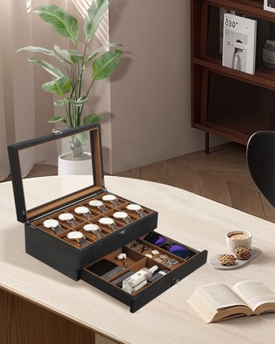 Detalle 2 de Scatola Porta Orologi Uten a 10 Scomparti, 2 Livelli in Legno di Paulownia con Coperchio in Vetro