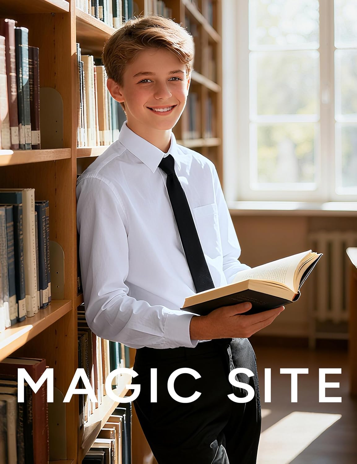 Detalle de MagicSite Boys’ Long-Sleeve Button-Down Dress Shirt and Tie, Stretch or Standard Fabric