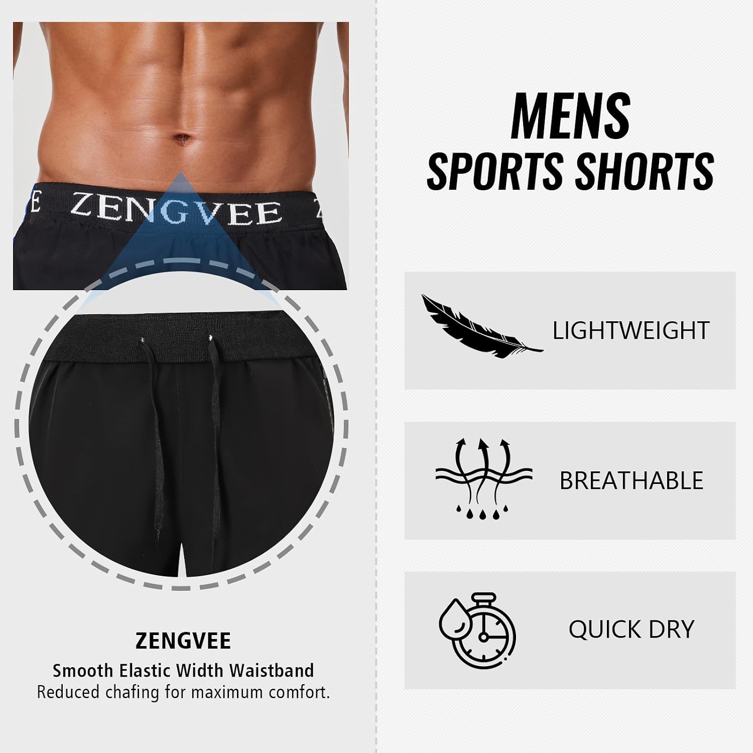 Detalle 2 de Men’s Gym Running Shorts Athletic 1/3 Pack with Zip Pockets & Quick-Dry Fabric