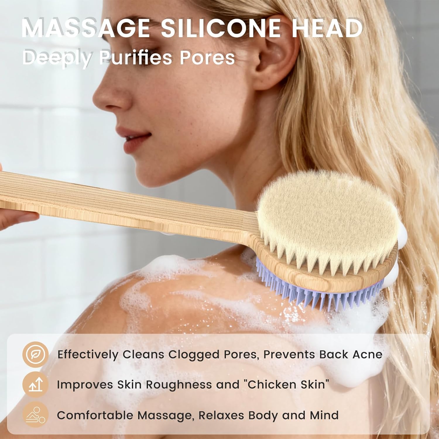 Detalle de Back Scrubber for Shower: Double-Sided Silicone & Dense Nylon Bristles with Bamboo Handle
