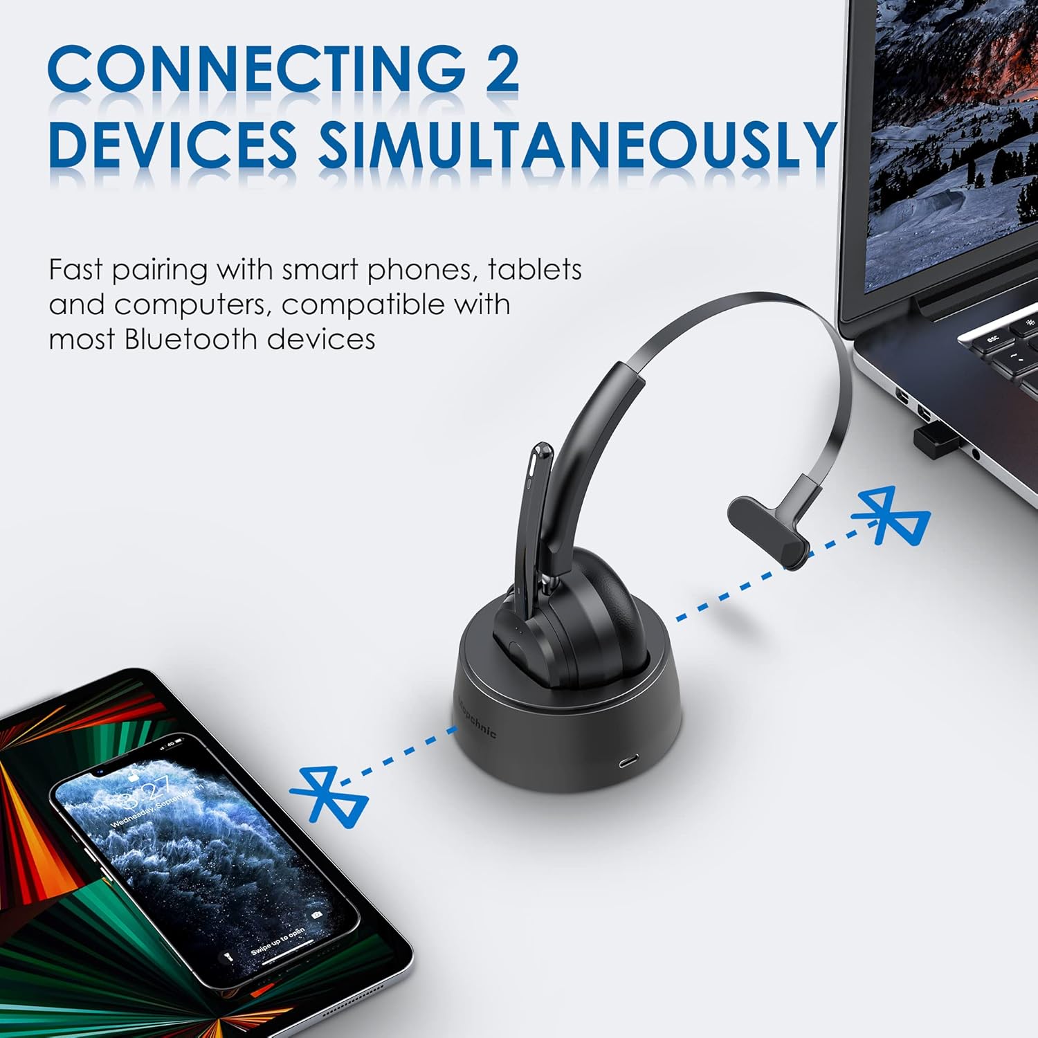 Detalle de Mopchnic Bluetooth Headset: AI Noise-Canceling Mic, USB Dongle, All-Day Comfort