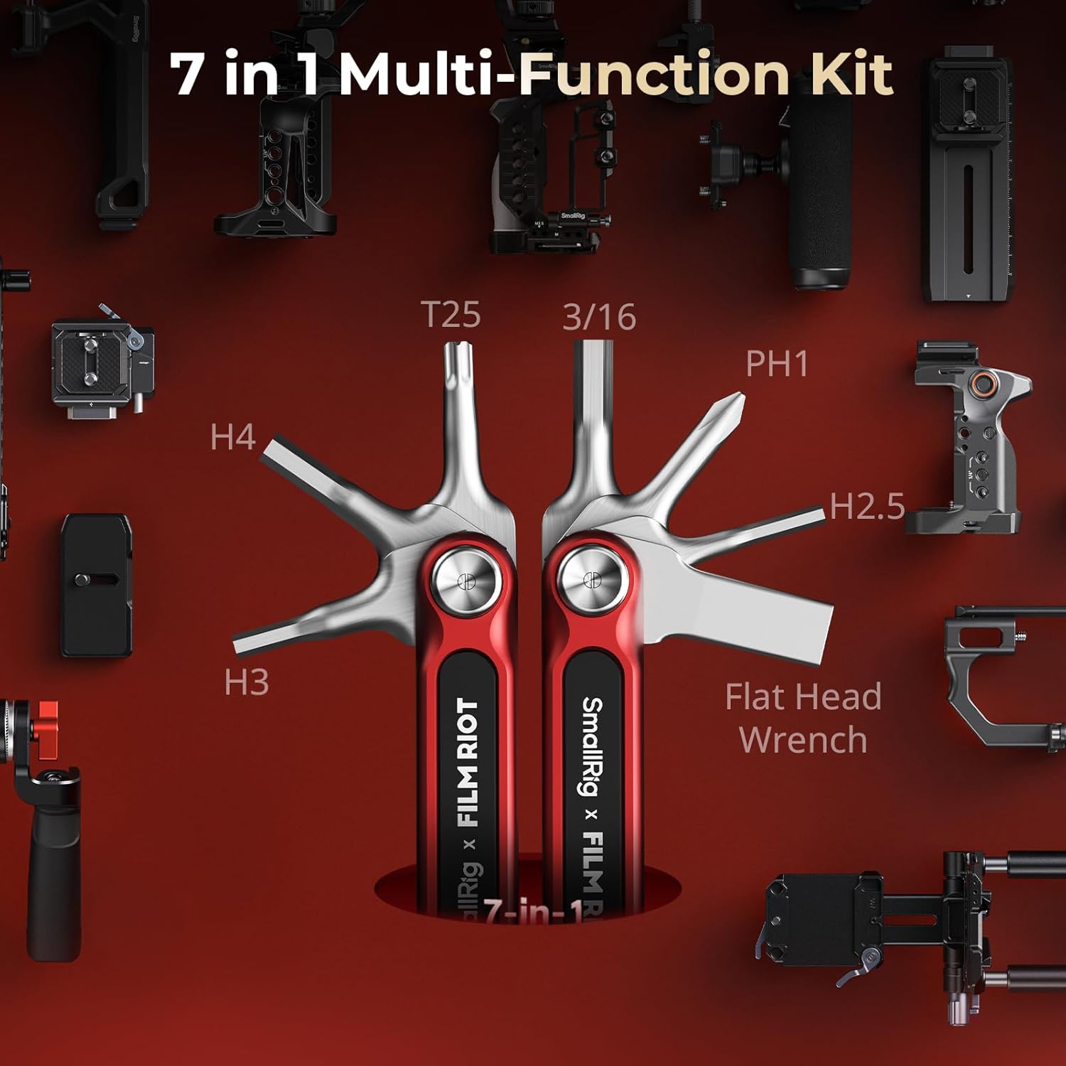 Detalle de SmallRig x Film Riot Ensemble d'outils pliables 7 en 1 (rouge) — compact et polyvalent pour les tournages