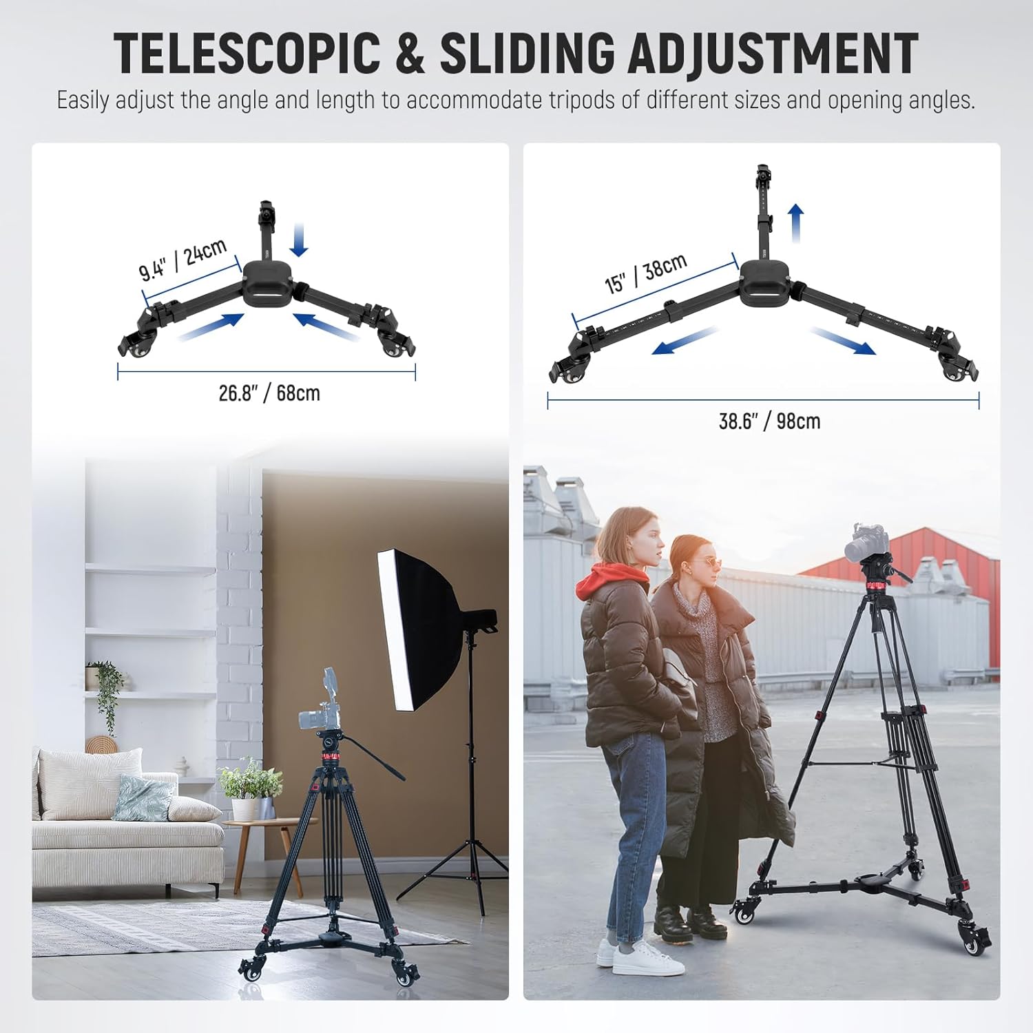 Detalle 2 de Neewer TS012 Photography Tripod Dolly with 3" Rubber Wheels, Quick Lock Release and Telescopic Legs