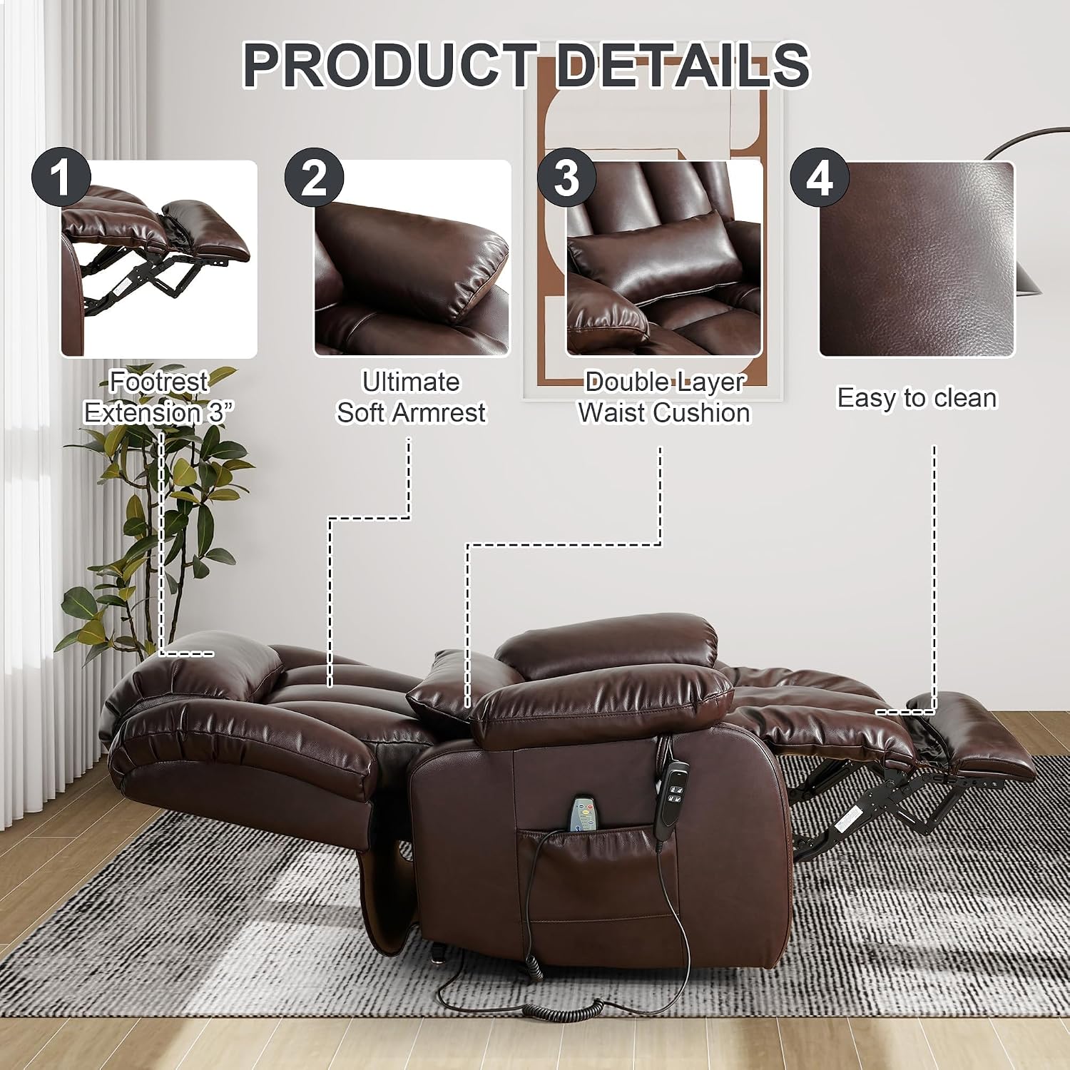 Detalle de EDILLY RVL003 Power Lift Recliner, X-Large Genuine Leather, Heated Massage