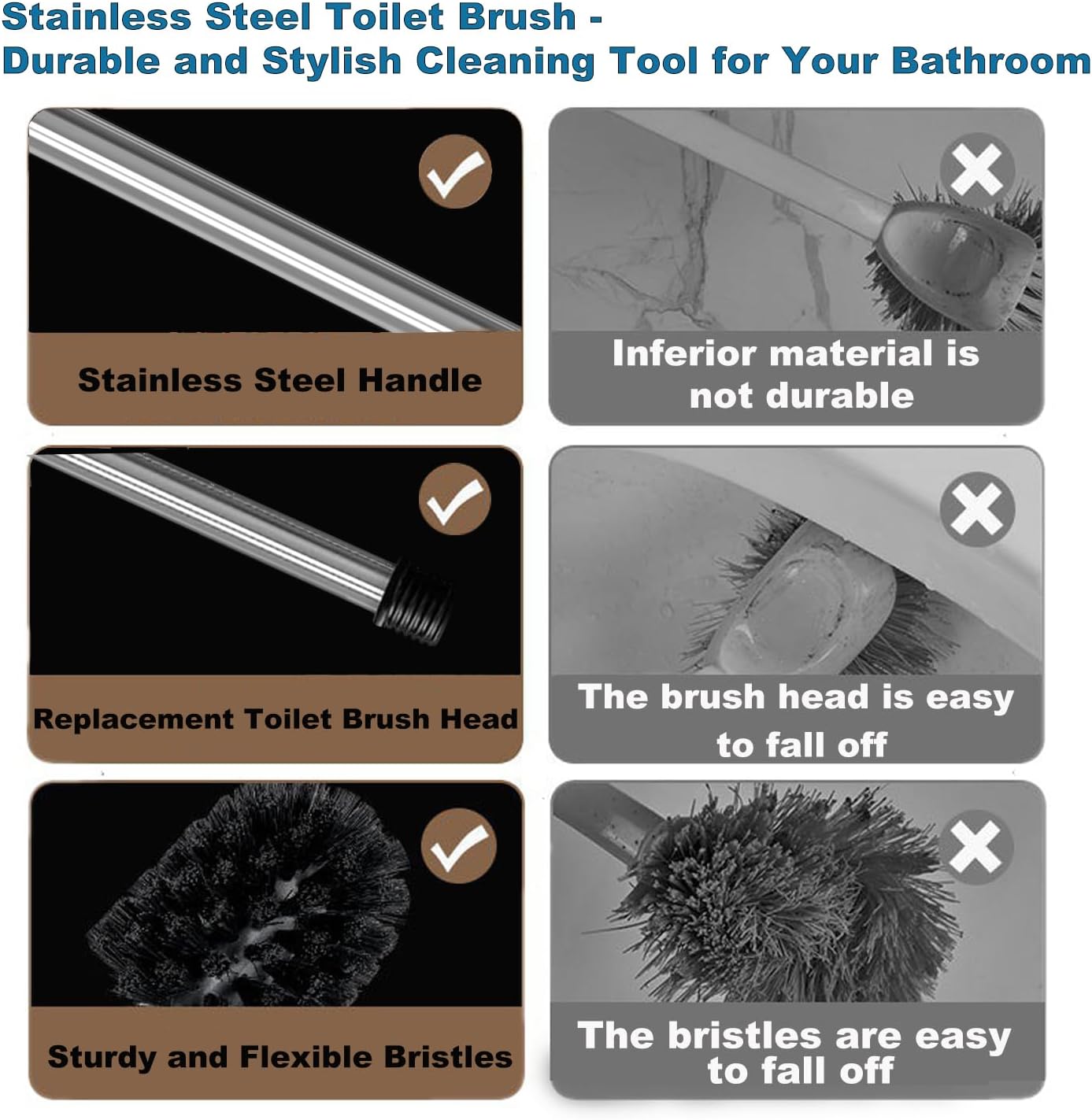 Detalle 2 de Einesin 4-Pack Toilet Brush Replacement Heads with Stainless Steel Handles (8cm diameter)