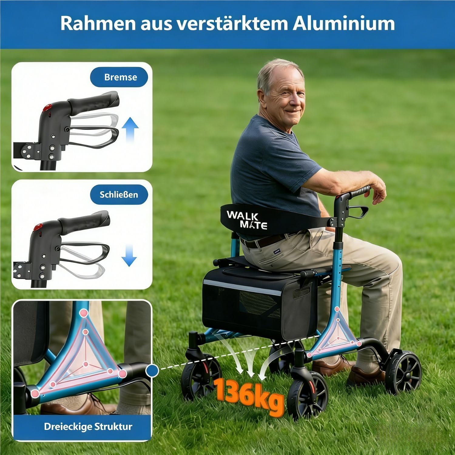 Thumbnail 4 de Walk Mate Rollator – faltbar, leicht mit Sitz, All‑Terrain‑Räder, 6-stufige Höhenverstellung (150–190 cm) und 6,7 kg Gewicht