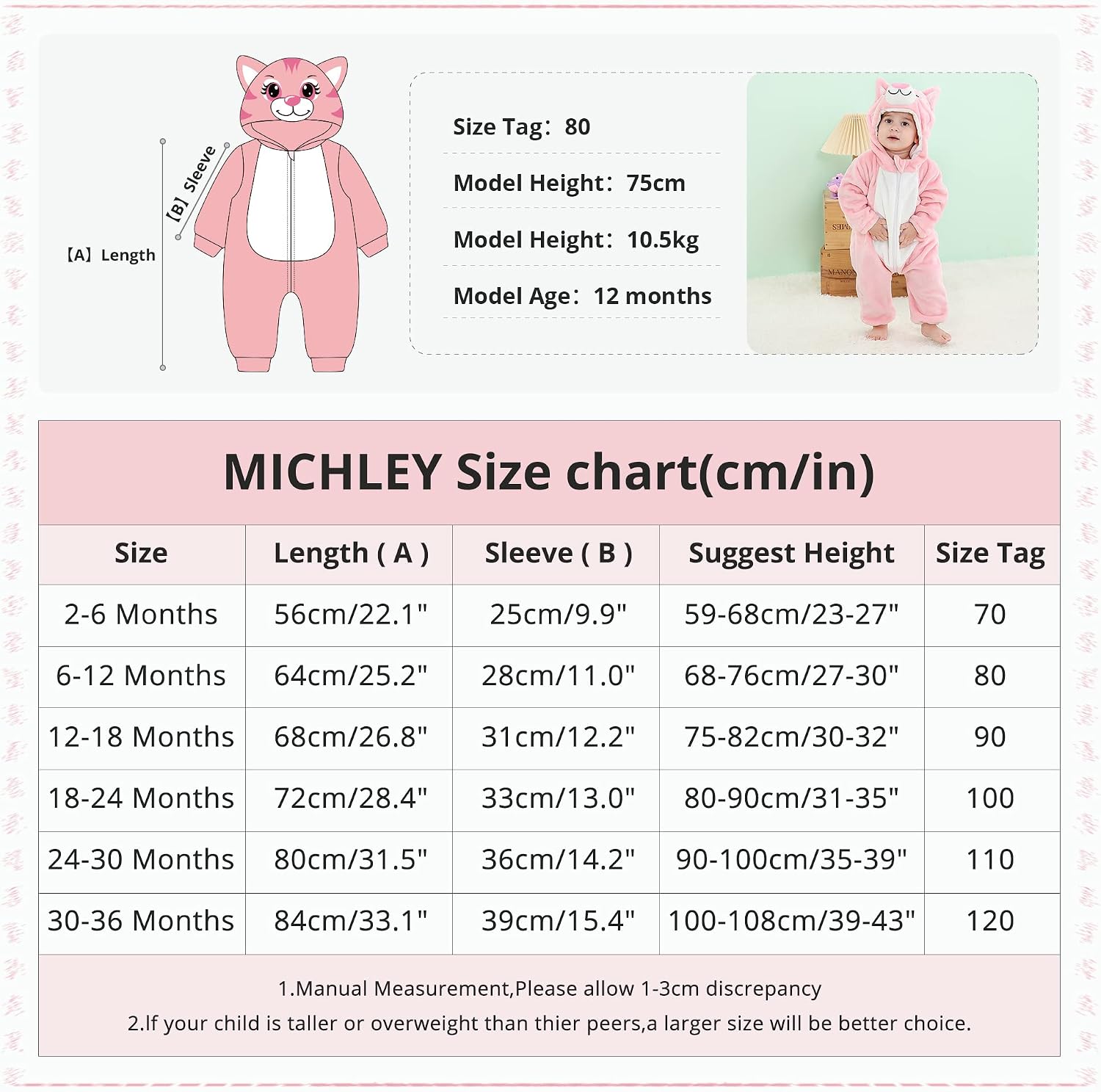 Detalle de MICHLEY AP13-Cat-100 Baby Cat Romper, Soft Flannel with Double Zipper