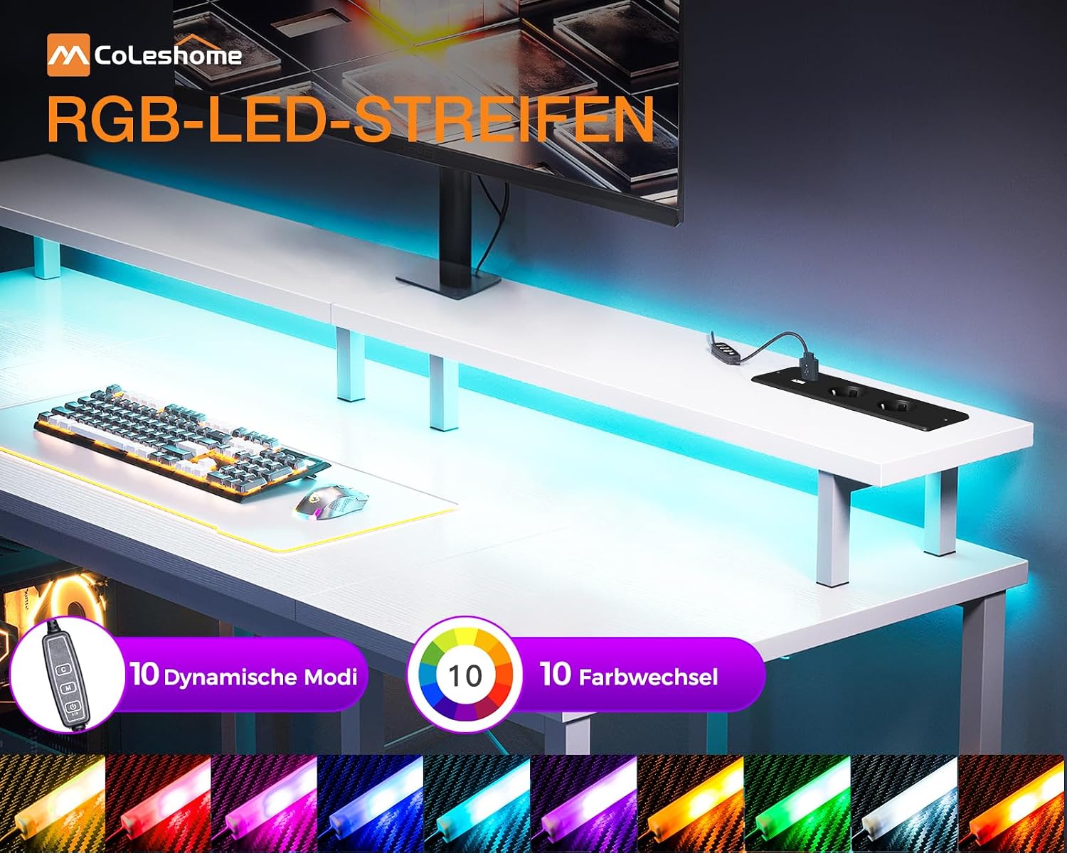 Detalle 2 de Coleshome Gaming Tisch 120 x 50 cm mit LED