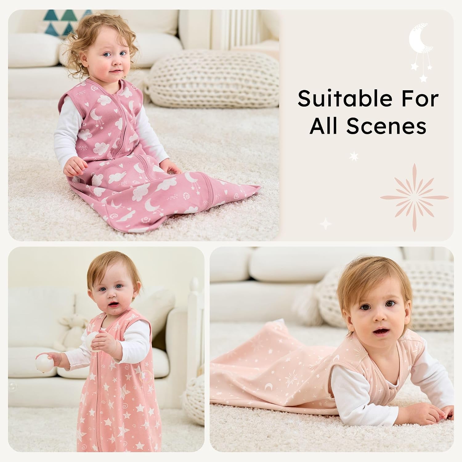 Thumbnail 6 de FIEMOL Baby-Schlafsack 0,5 Tog für 18–24 Monate (Baumwolle) – 3er-Pack, rosa Sterne