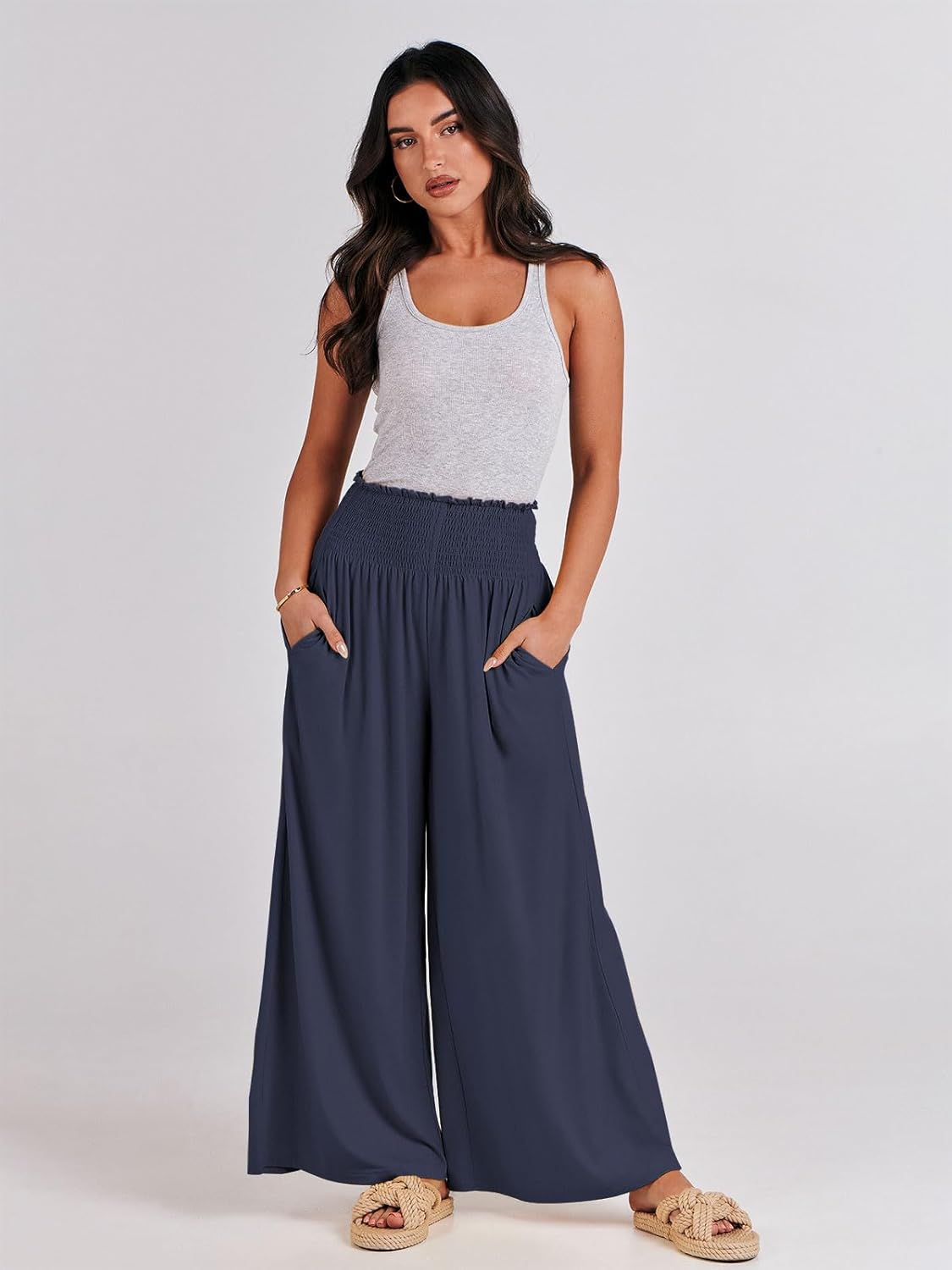 Detalle 2 de ANRABESS Women Palazzo Pants: Smocked High-Waist, Wide-Leg Lounge Pant with Pockets
