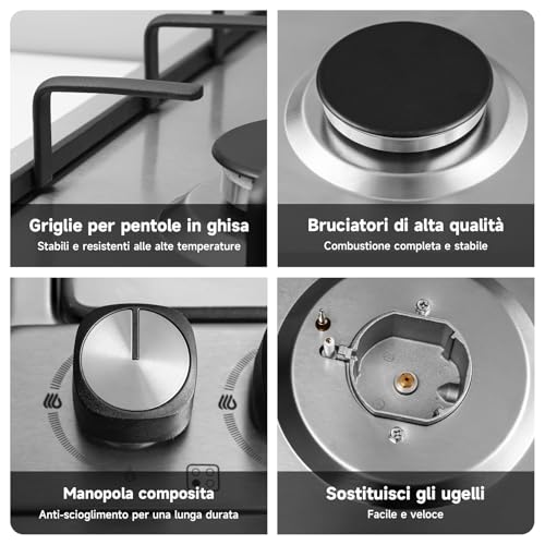 Detalle 2 de IsEasy Piano Cottura 4 Fuochi Gas, 60 cm Inox: piano cottura integrato e versatile