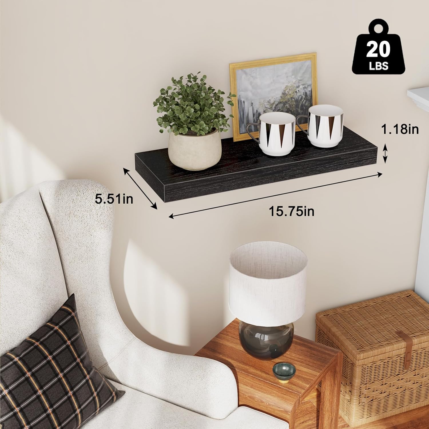 Thumbnail 2 de Fixwal Floating Shelves for Wall (Set of 2) – 15.7" Black Wood Wall Shelves