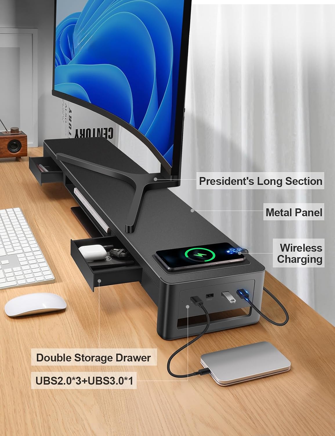 Detalle 2 de meatanty Dual Monitor Stand Riser, 38.7-Inch Metal Desk Organizer with Drawers and USB Ports