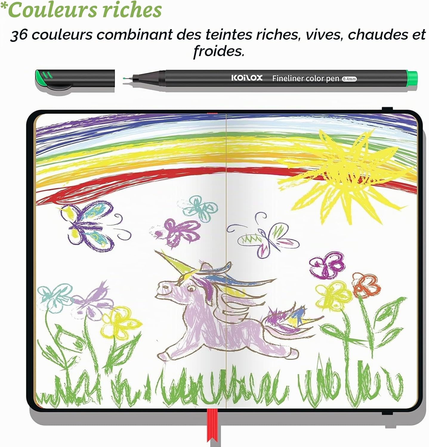 Detalle de Koilox PET-C-36 fineliner set met 36 kleuren en fijne punt van 0,4 mm