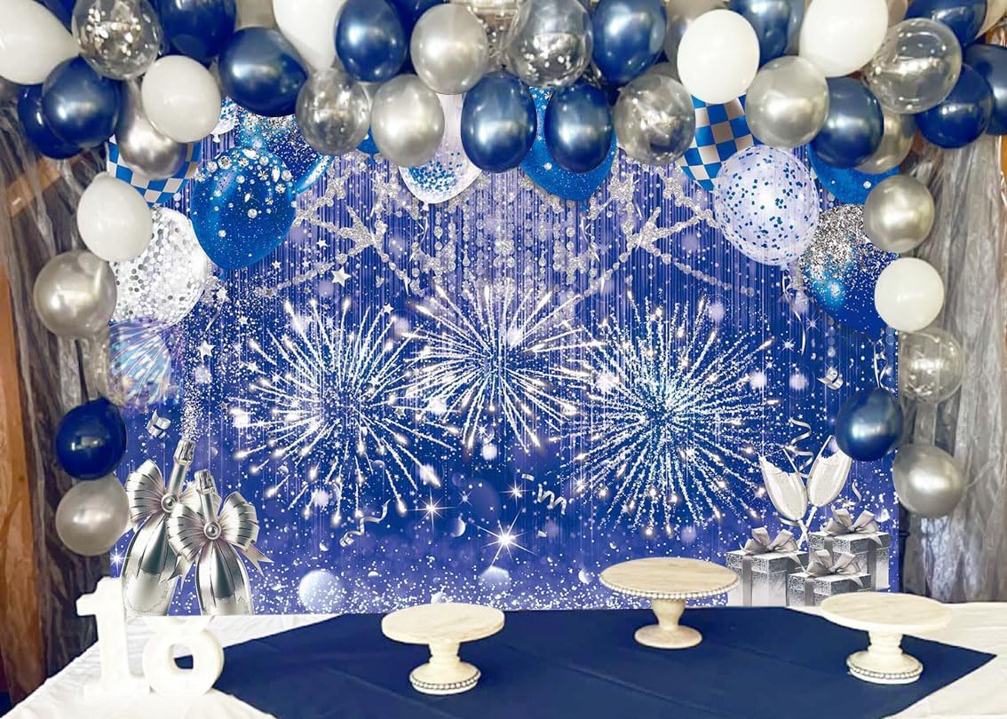 Thumbnail 3 de Blue Silver Glitter Vinyl Photography Backdrop (7x5FT) for Prom, Graduation, Wedding & Birthday Parties