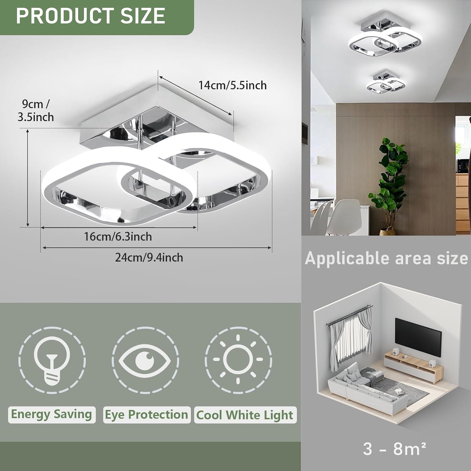 Thumbnail 1 de EIDISUNY 22W LED Square Ceiling Light (Chrome) – Cool White 6000K