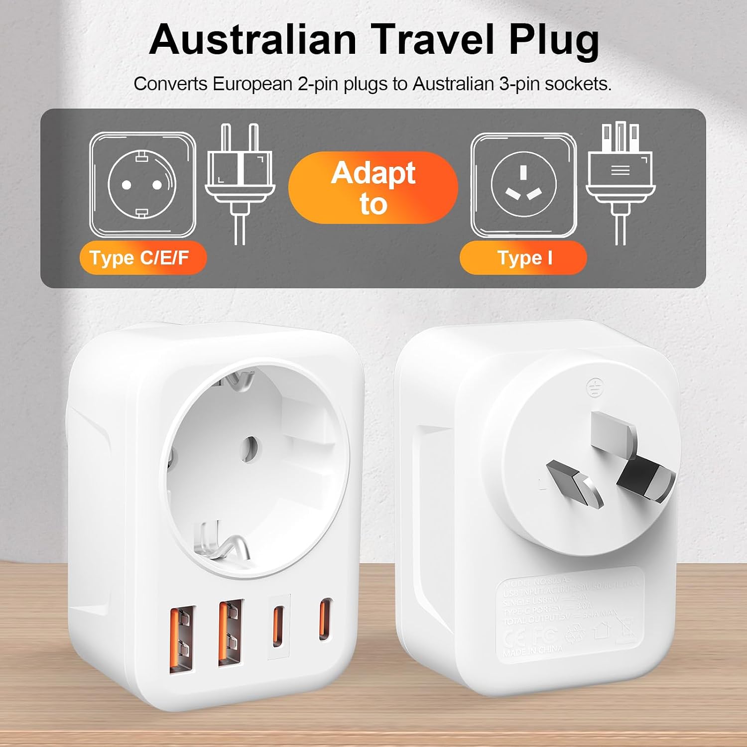 Thumbnail 1 de Reiseadapter Australien 5-in-1 (Typ I) mit 2× USB-C, 2× USB-A und AC für EU-Stecker