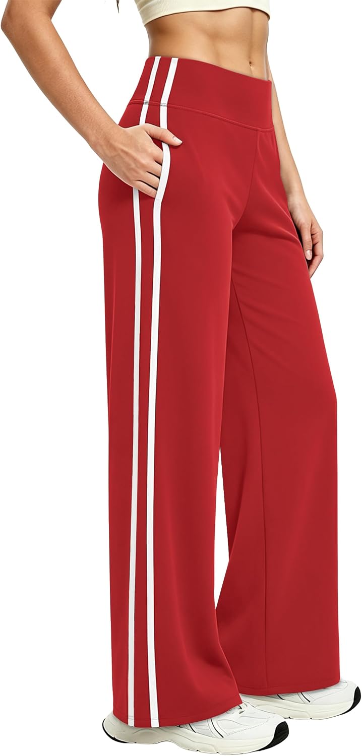 Detalle de Alaroo Women's Wide-Leg Track Pants with High Waist, Side Stripes and Pockets