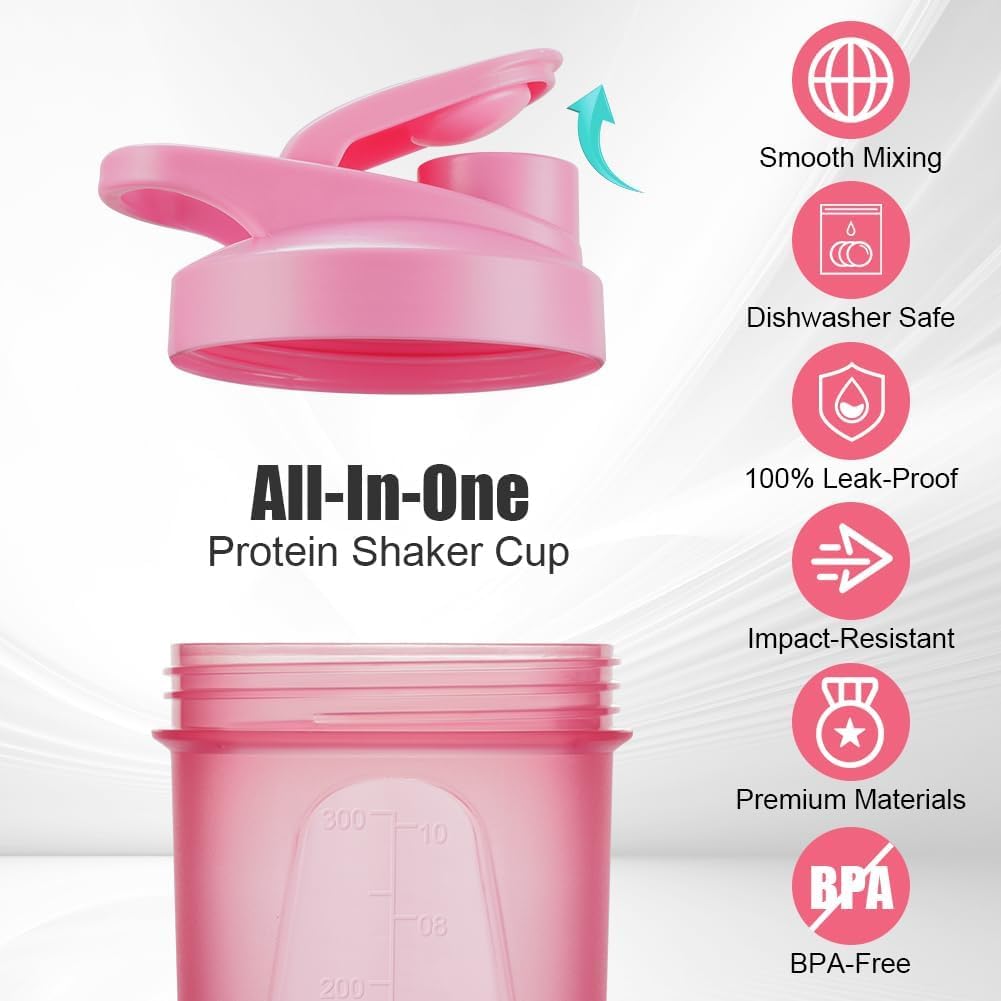 Detalle de Alaoo Protein Shaker Bottle 2-Pack: 400ml Shaker with Metal Mixing Ball in Green and Pink