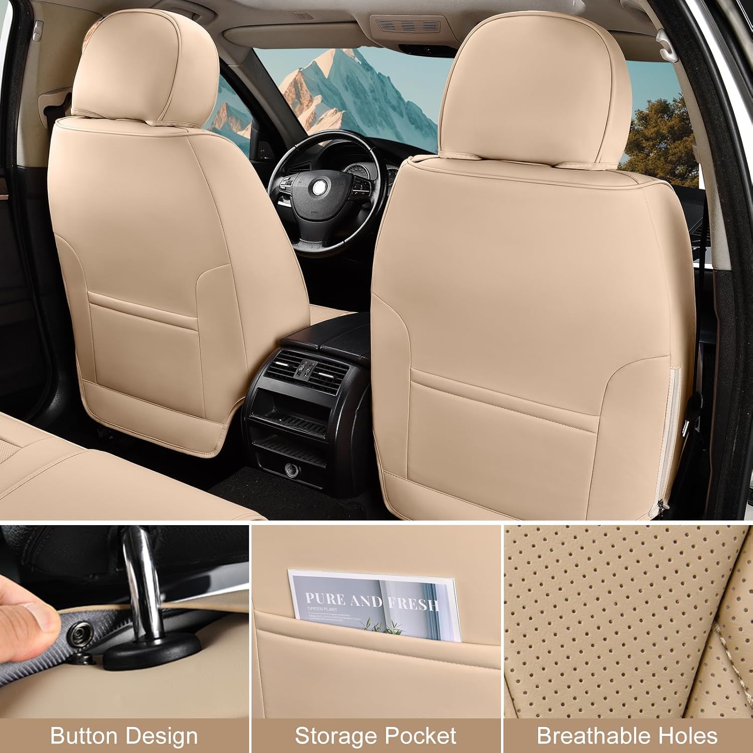 Thumbnail 2 de TIEHESYT Beige Car Seat Covers Full Set: Breathable Leather Comfort for Most Cars
