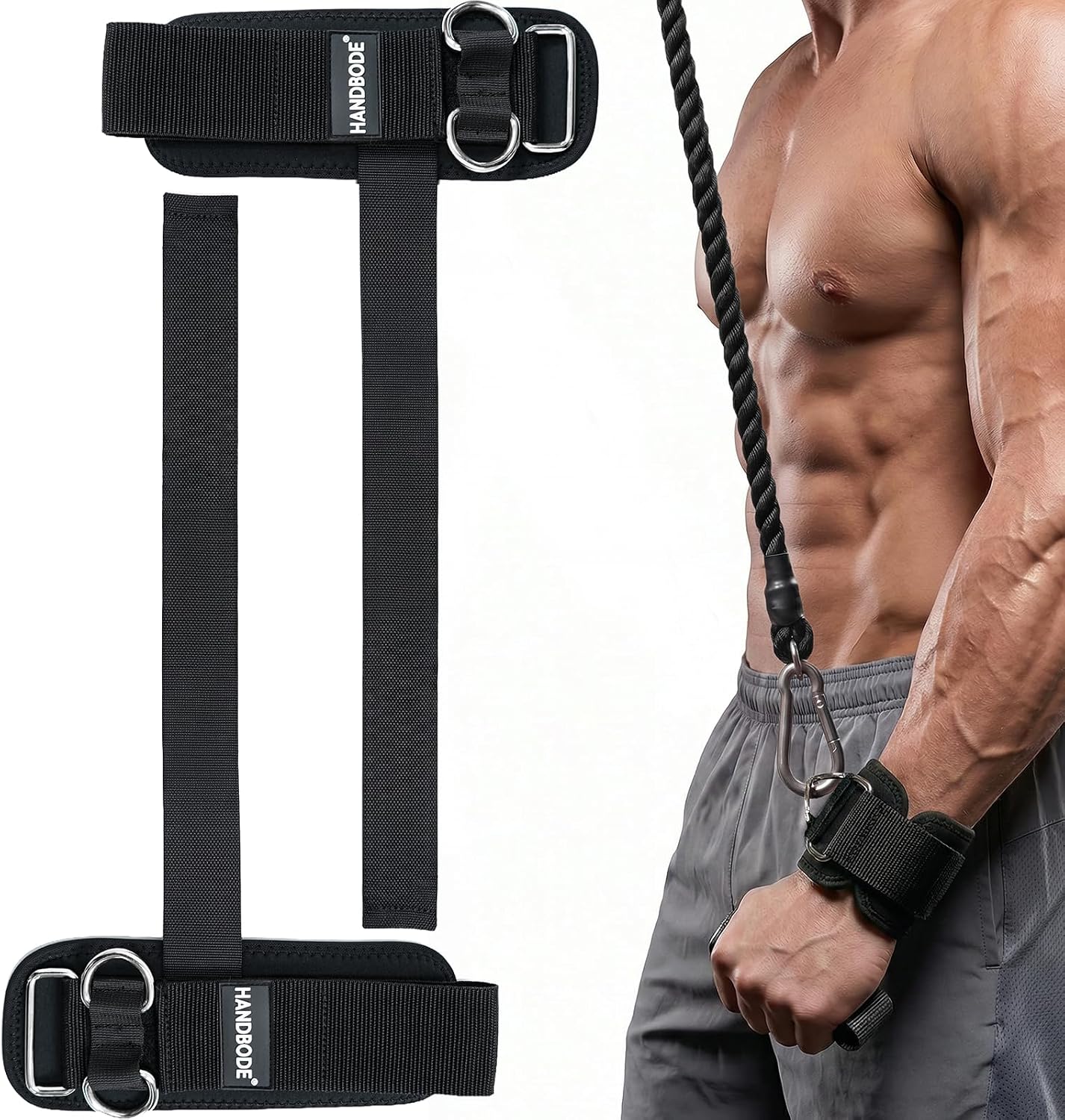 Detalle de HANDBODE hefbanden met dubbele D-ringen voor halter- en kabeltraining