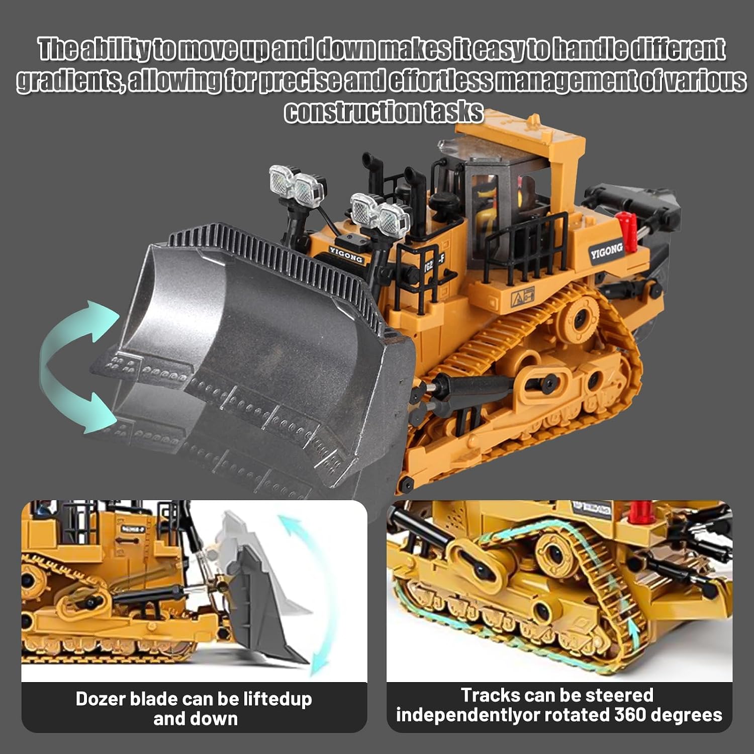 Detalle de ADTHLIER 1:20 RC Bulldozer with Lights & Sound (9-Channel, 2.4GHz)