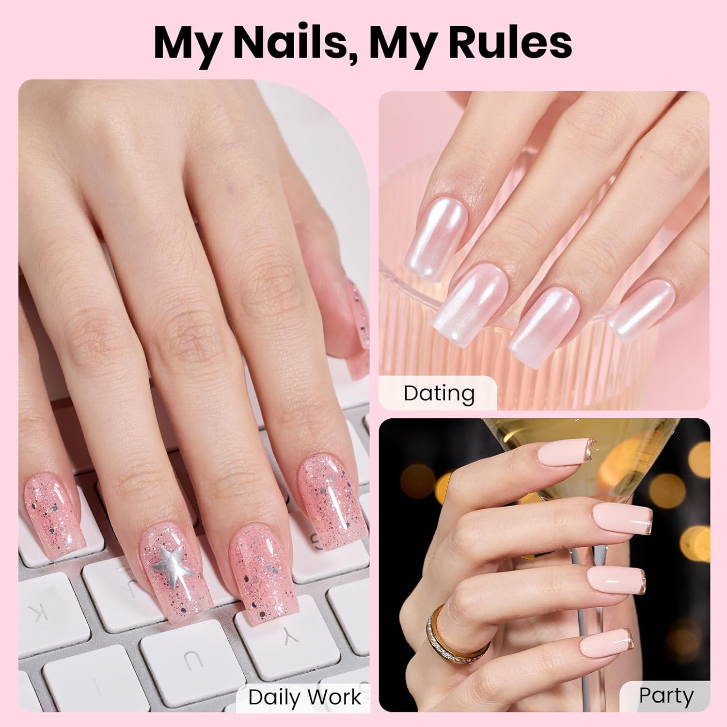 Detalle 2 de Beetles Gel Nail Kit Flat-X: 320 Tips, 15g Glue Gel, Base & Top Coats + Mini Lamp – DIY Home Extension Set