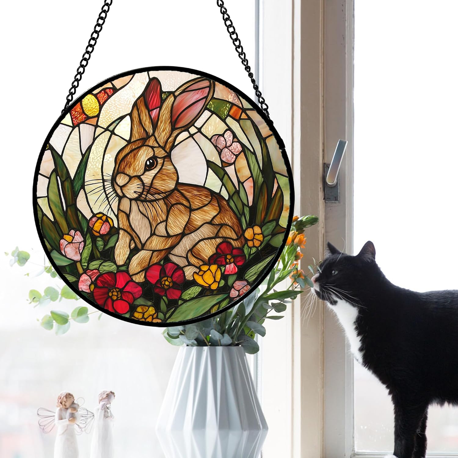 Detalle 2 de AMDERVEN 6.3-Inch Rabbit Glass Window Hanging, Green and Brown Suncatcher
