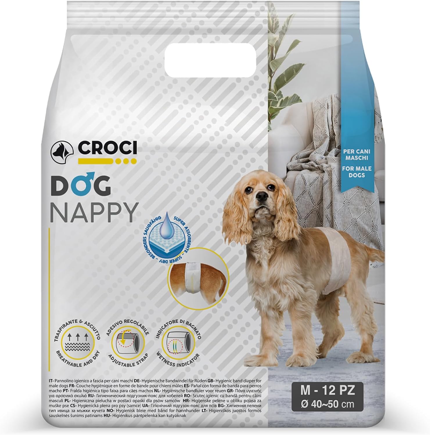 Detalle de Croci Dog Nappy – Fascia assorbente per cani maschi taglia M (Ø 40–50 cm), usa e getta, 12 pz