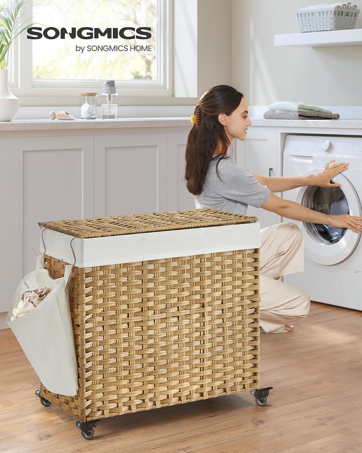 Detalle 2 de SONGMICS LCB363N01 140 L Laundry Basket with Lid, 3 Compartments & Wheels