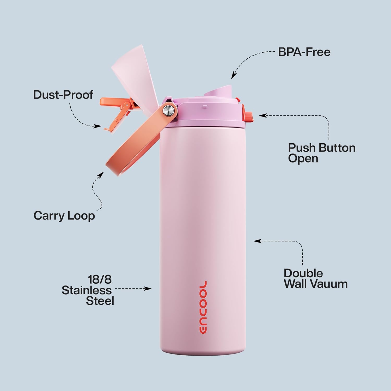 Thumbnail 3 de Encool Insulated Water Bottle with Straw - 24 oz Stainless Steel (Lily-Red)