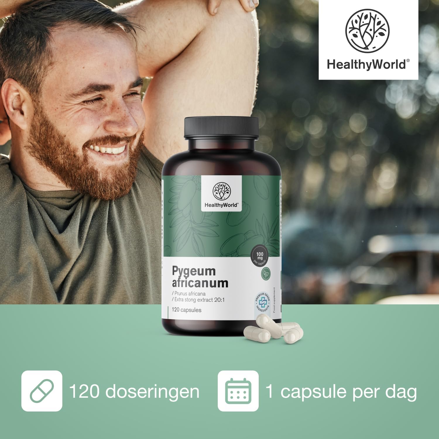 Detalle de HealthyWorld Pygeum 100 mg, extract 20:1, 120 vegetarische capsules
