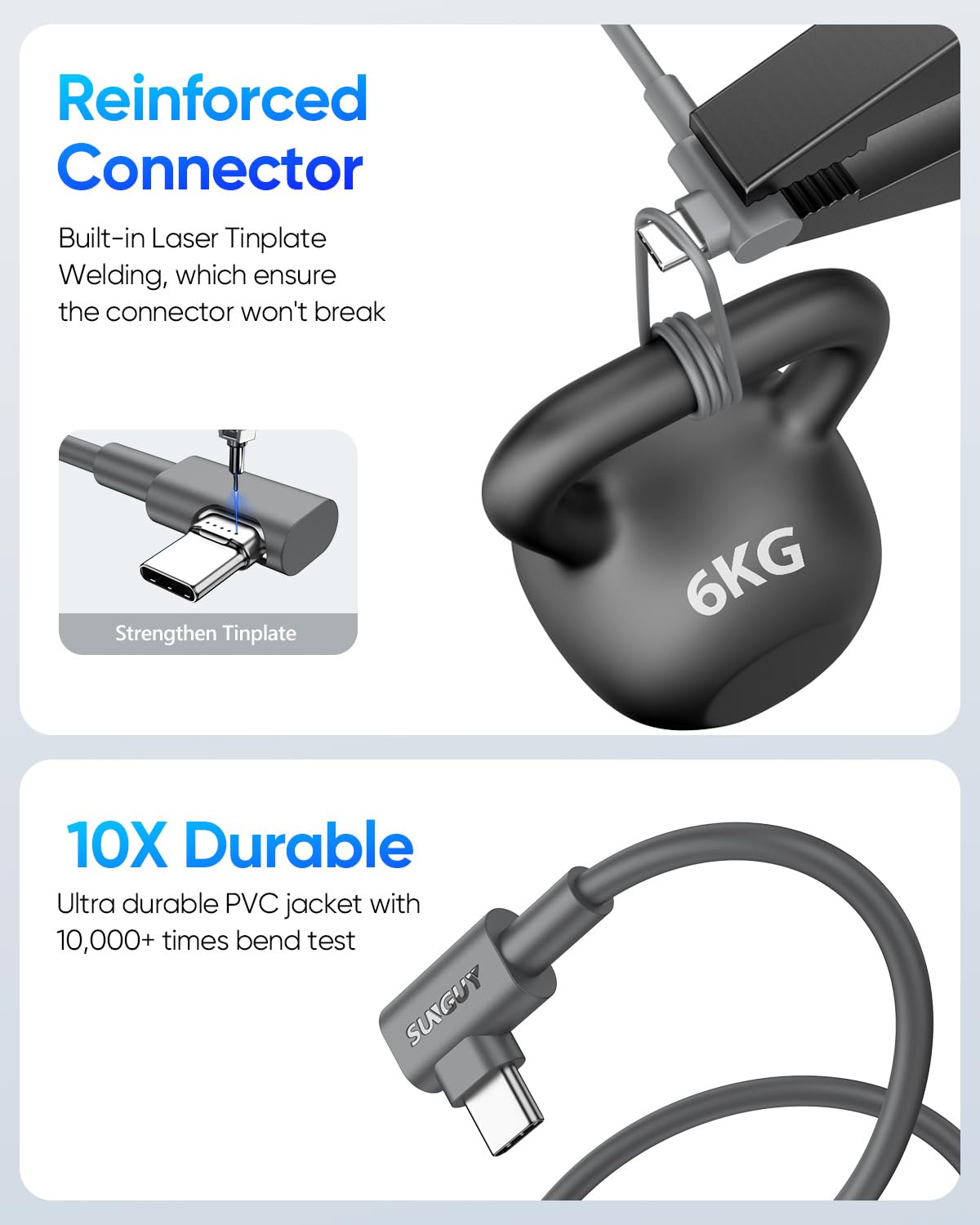 Detalle de SUNGUY USB-C 90° Kabel – 2er Set, 3 m, 3 A Lade- und Synchronisationskabel Typ-C
