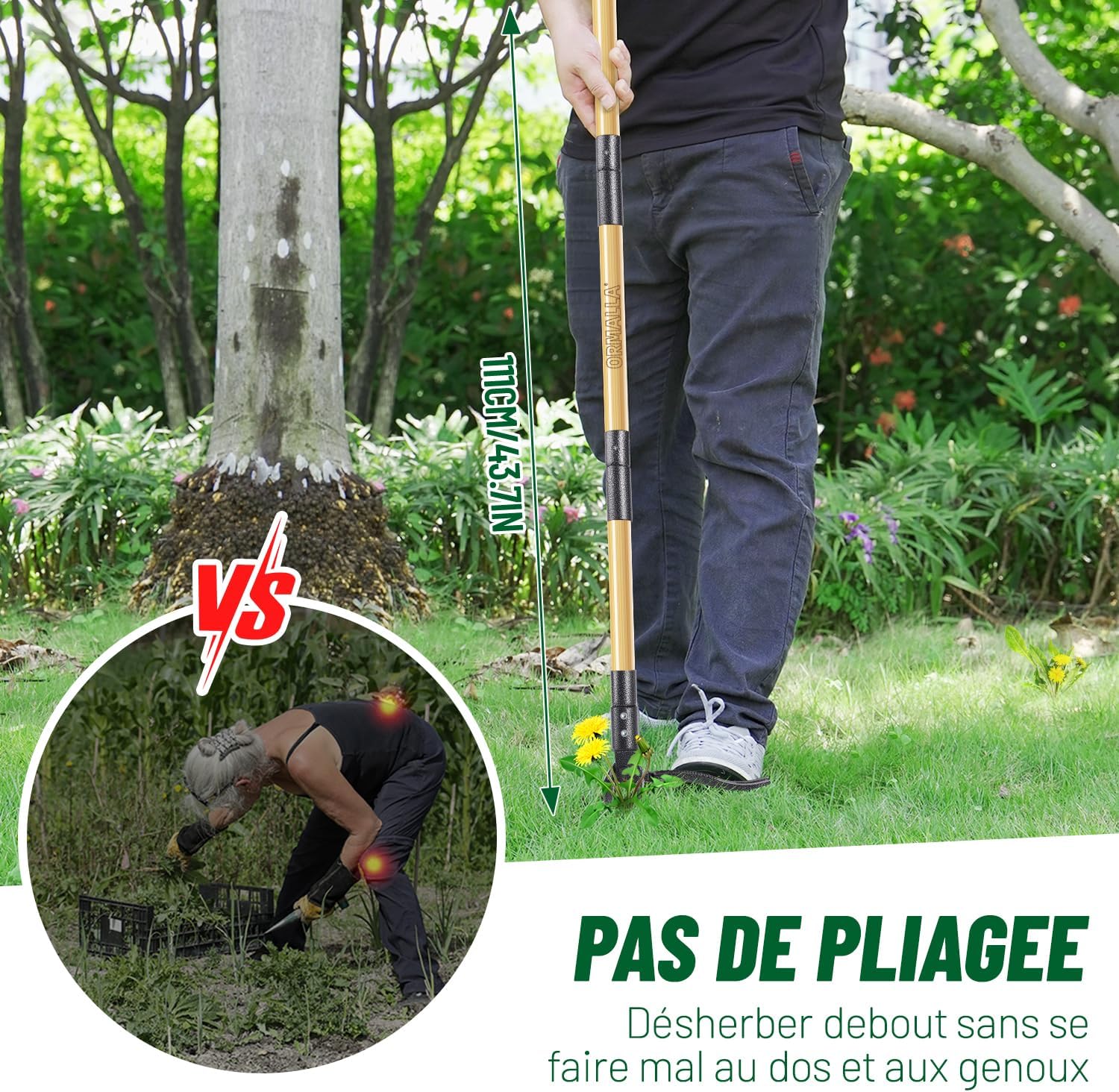Thumbnail 3 de Ormalla désherbeur manuel sur pied 1,1 m avec arrache pissenlit et 4 griffes métal, manche en bambou et gants