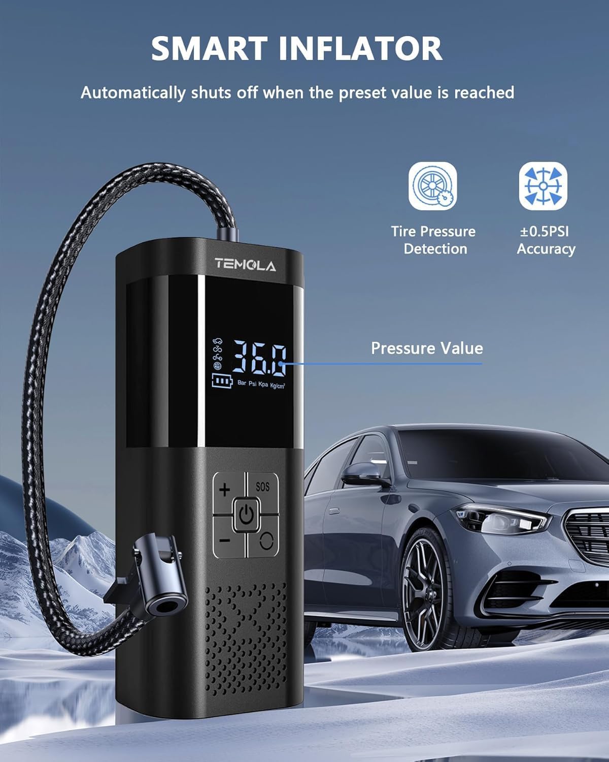 Detalle de TEMOLA TN10E Portable Tire Inflator, 150 PSI with Digital Display and LED Light