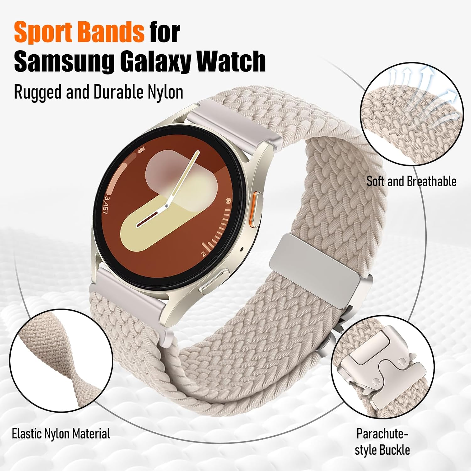 Detalle de SOLOLUP 2er Set Geflochtenes 20 mm Nylon Armband für Samsung Galaxy Watch 7/6/5/4 und Garmin Vivoactive – elastisch, atmungsaktiv, mit verbessertem Fallschirm-Schnallensystem