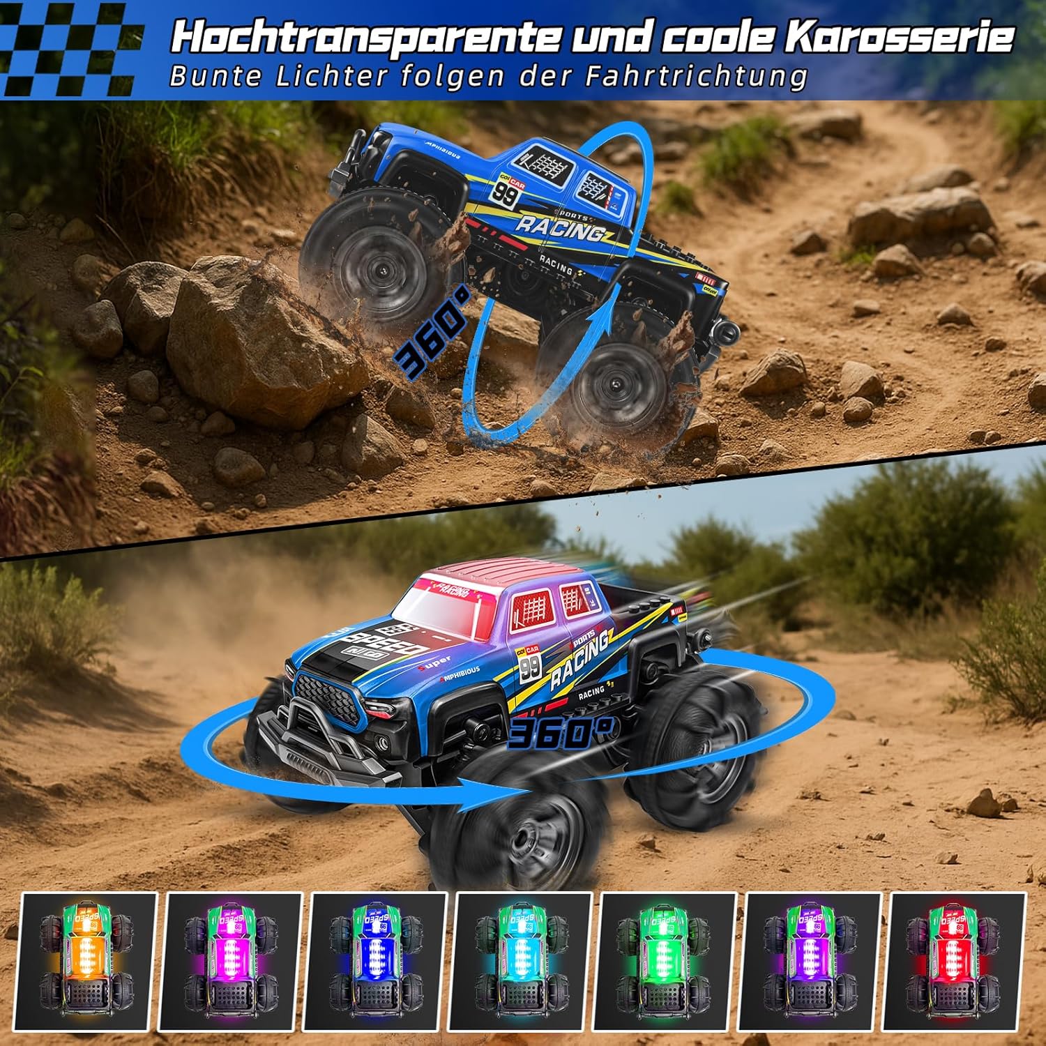 Detalle de Charmofun Amphibisches Fernsteuerauto 1:16 – 4WD, wasserdicht, Gestensensor und LED-Beleuchtung