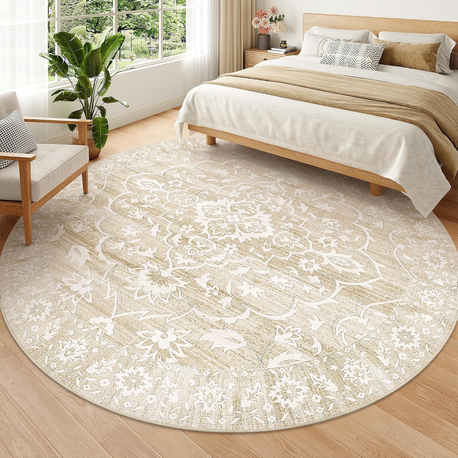 Detalle de Soalmost Washable Round Rug 8ft Round — Ultra-Soft Vintage Floral, Non-Slip, Machine Washable