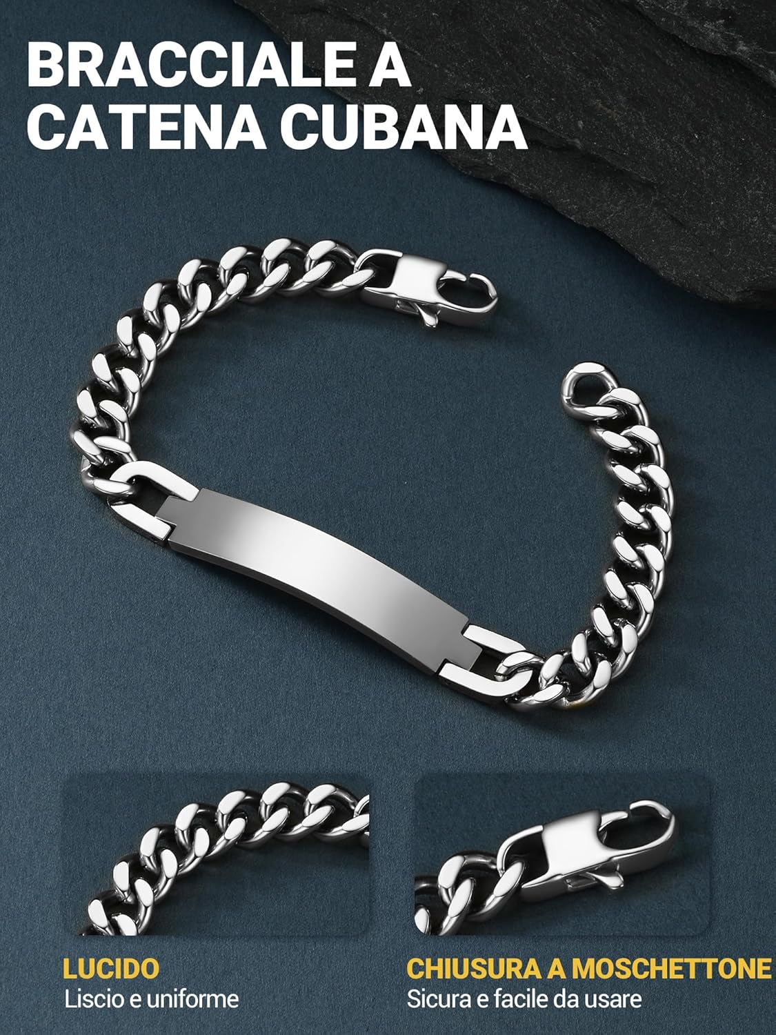 Thumbnail 3 de PROSTEEL Bracciale personalizzato in acciaio 316L con catena cubana e placca orizzontale Argento/Oro/Nero