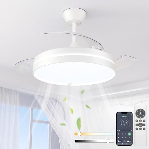 Detalle de NIORSUN Ventilador de techo con luz 42" (106 cm) con aspas retráctiles, 3 tonalidades de luz, control por APP y mando, 6 velocidades